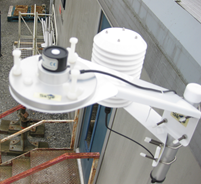 Pyranometer (left) and Humidity/Temperature Probe (centre) mounted on the building